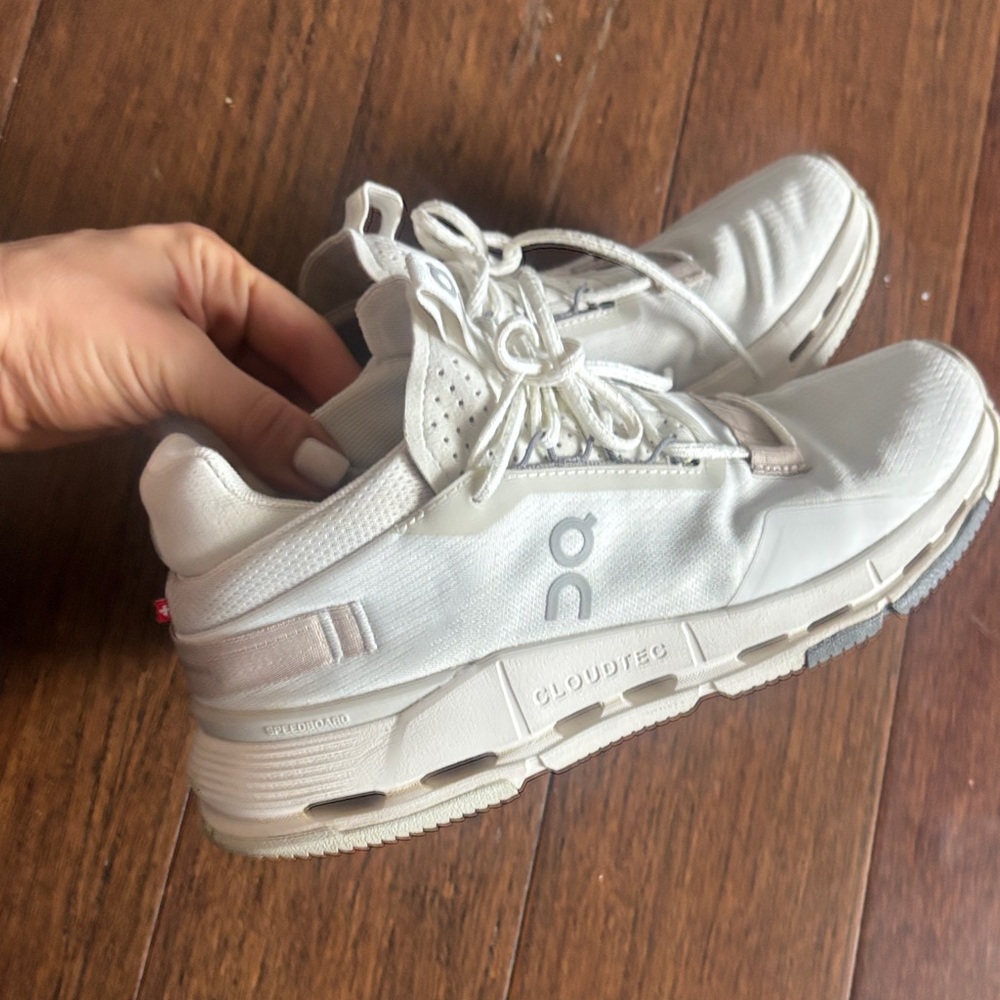 On Running White and Tan Sneakers